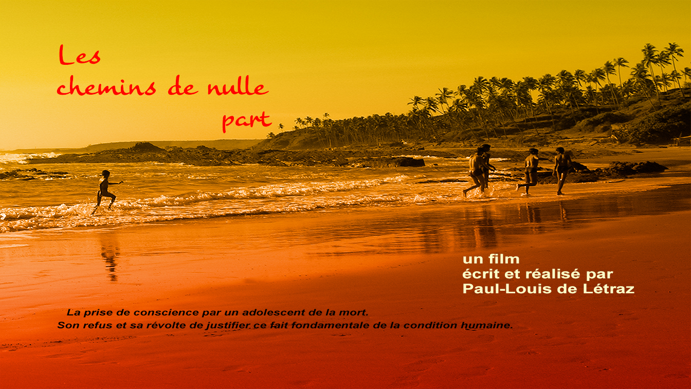 Flyer pour le film: Les chemins de nulle part. Une plage rouge et or où s'éloignent trois jeunes gens heureux le long du littorale écrasé de chaleur