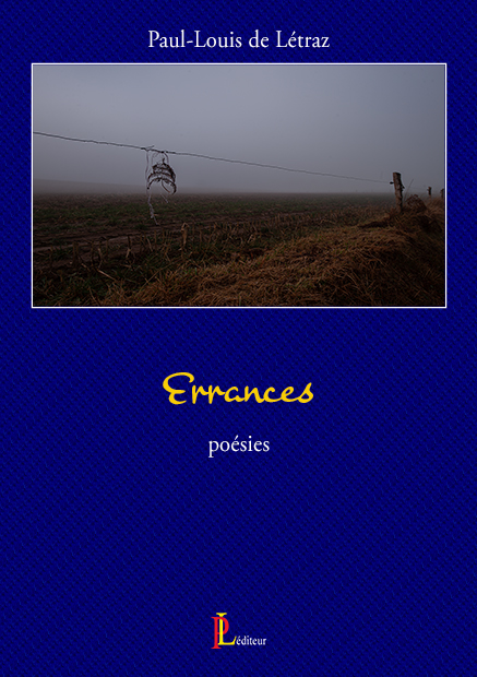 1ère de couverture pour la publication du recueil de poésies Errances ; le bord d'un champ dans le matin humide d'un jour d'automne, sur la clôture qui le longe, une feuille de fougère d'où s'égoutte quelque peu la rosée
