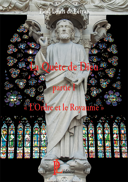 1ère de couverture pour la version littéraire en cours de publication du film L'Ordre et le Royaume ; Cathédral Notre-Dame de Paris, le Christ en majesté acceuillant les pélerins, en arrière-plan, dans l'intérieur du monument, se déploie la grande rosace
